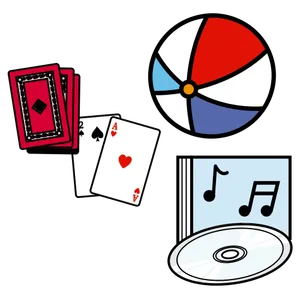 A deck of cards, a ball and a music CD
